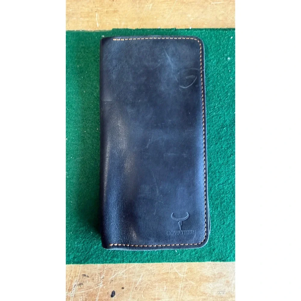 Cowather Handmade Genuine Leather Long Bifold Wallet Navy Blue Slim Tall Wallet